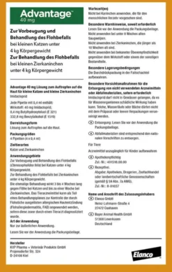 Advantage 40 mg für Katzen und Zierkaninchen bis 4 kg 4 x 0,4 ml Lösung