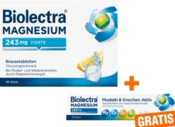 Biolectra Magnesium 243 mg forte Zitronengeschmack 60 Brausetabletten + gratis Magnesium 250 mg 30 kautabletten