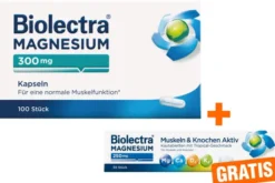 Biolectra Magnesium 300 mg 100 Kapseln + gratis Biolectra Magnesium 250 mg Muskeln und Knochen Aktiv 30 Kautabletten