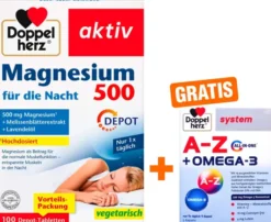 Doppelherz aktiv Magnesium 500 für die Nacht 100 Depot-Tabletten + gratis Doppelherz A-Z + Omega-3 all-in-one 5 Kapseln