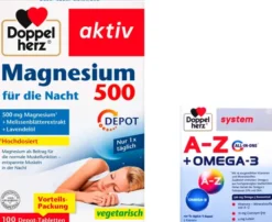 Doppelherz aktiv Magnesium 500 für die Nacht 100 Depot-Tabletten + gratis Doppelherz A-Z + Omega-3 all-in-one 5 Kapseln