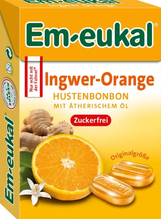 Em Eukal Ingwer Orange Bonbons Box 50 G Zuckerfrei