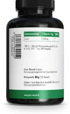Green Naturals L-Lysin 1200mg hochdosiert vegan 120 Kapseln