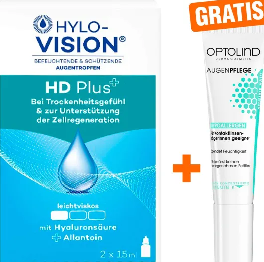 Hylo Vision HD Plus Augentropfen 2x 15 ml + gratis Optolind Empfindl. Haut 15 ml