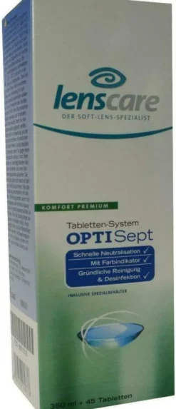Lenscare Optisept Kombipackung 350 ml + 45 Tabletten + 1 Behälter