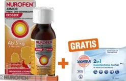 Nurofen Junior Fieber- & Schmerzsaft 40 mg pro ml 150 ml + Sagrotan 2 in 1 Desinfektionstücher 15 Stück