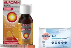 Nurofen Junior Fieber- & Schmerzsaft 40 mg pro ml 150 ml + Sagrotan 2 in 1 Desinfektionstücher 15 Stück