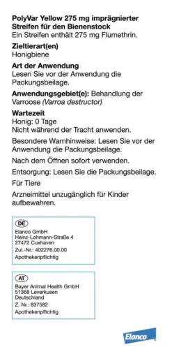 Polyvar Yellow 275 mg imprägnierter Streifen für den Bienenstock 10 Streifen