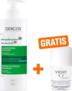 Vichy Dercos Anti Schuppen Shampoo fettige Kopfhaut 390ml + gratis Deo Roll-On Anti Flecken 48h 50 ml