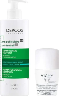 Vichy Dercos Anti Schuppen Shampoo fettige Kopfhaut 390ml + gratis Deo Roll-On Anti Flecken 48h 50 ml
